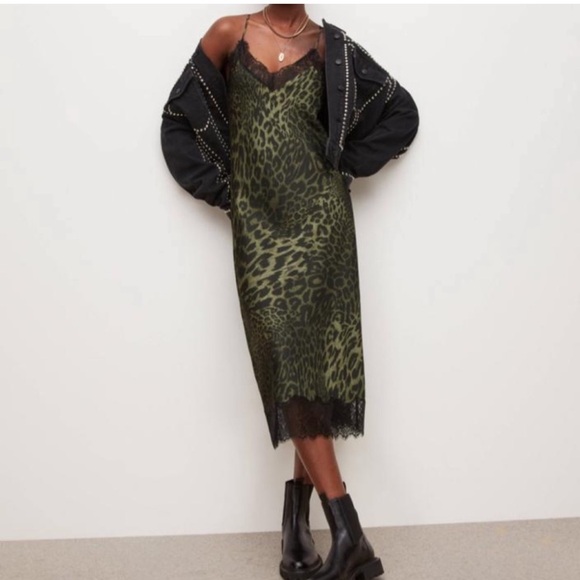 AllSaints Silk cami Leopard Green dress XS